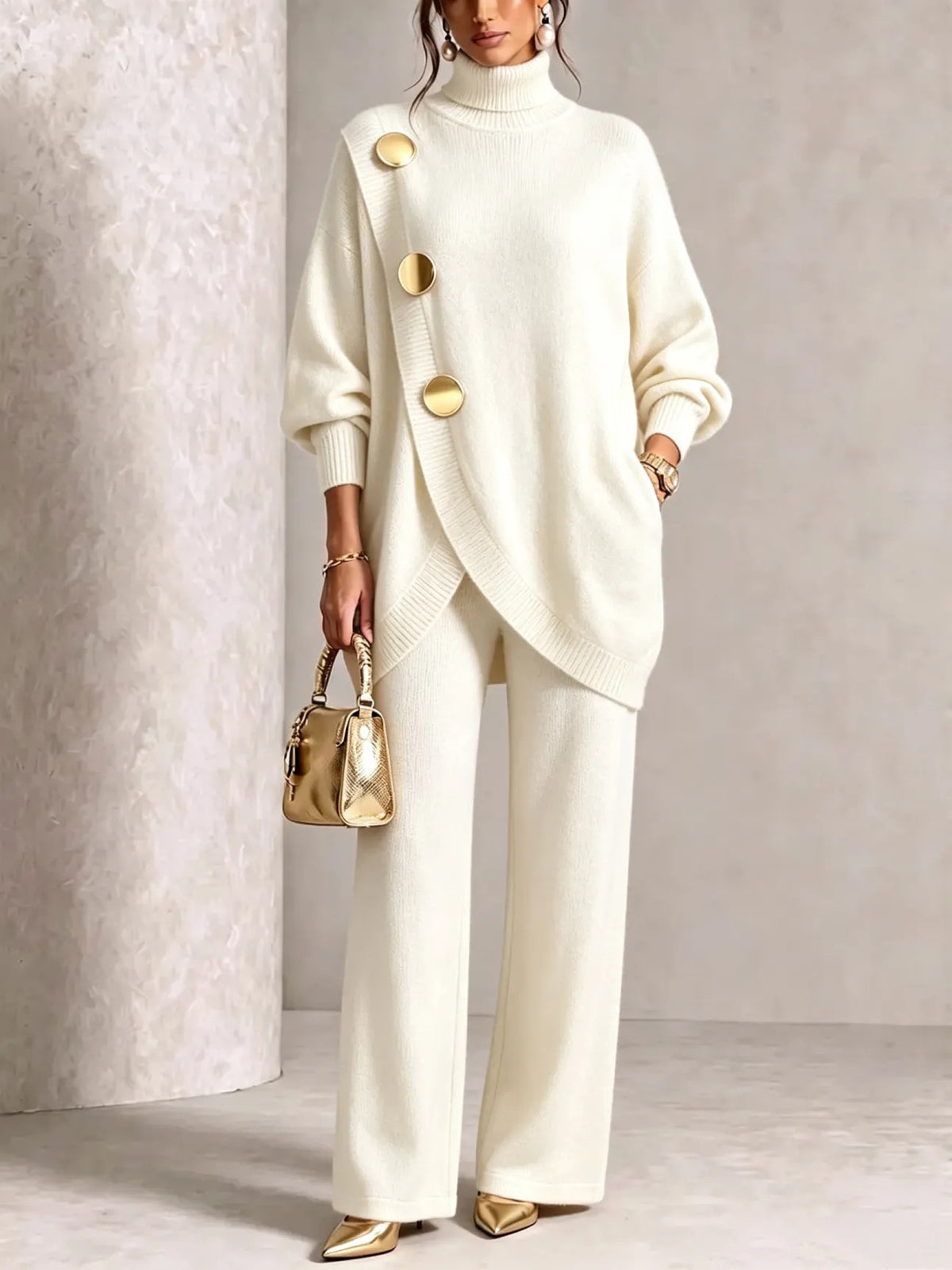 Women's Elegant Turtleneck Sweater & Wide-Leg Pants Set