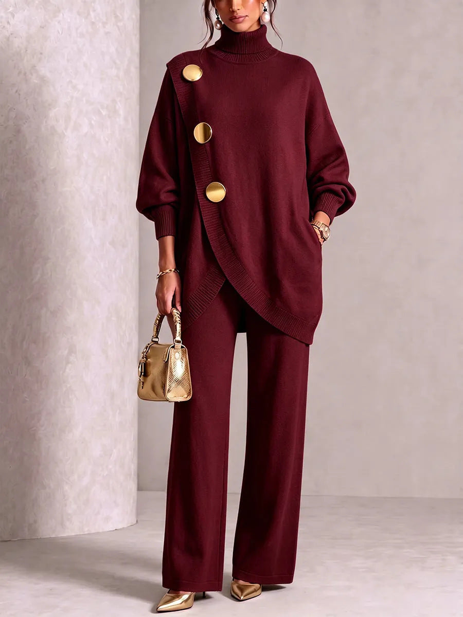 Women's Elegant Turtleneck Sweater & Wide-Leg Pants Set