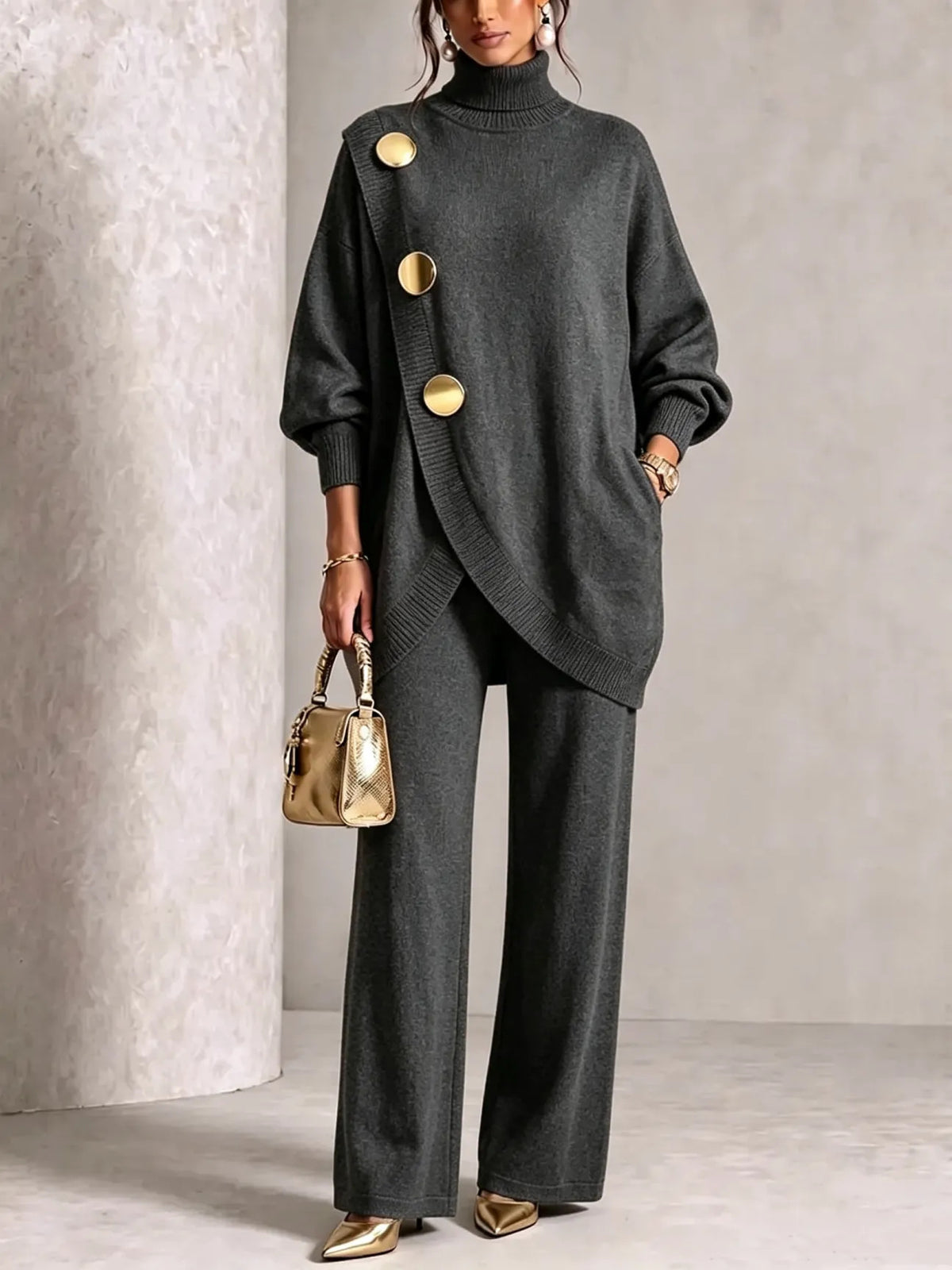 Women's Elegant Turtleneck Sweater & Wide-Leg Pants Set