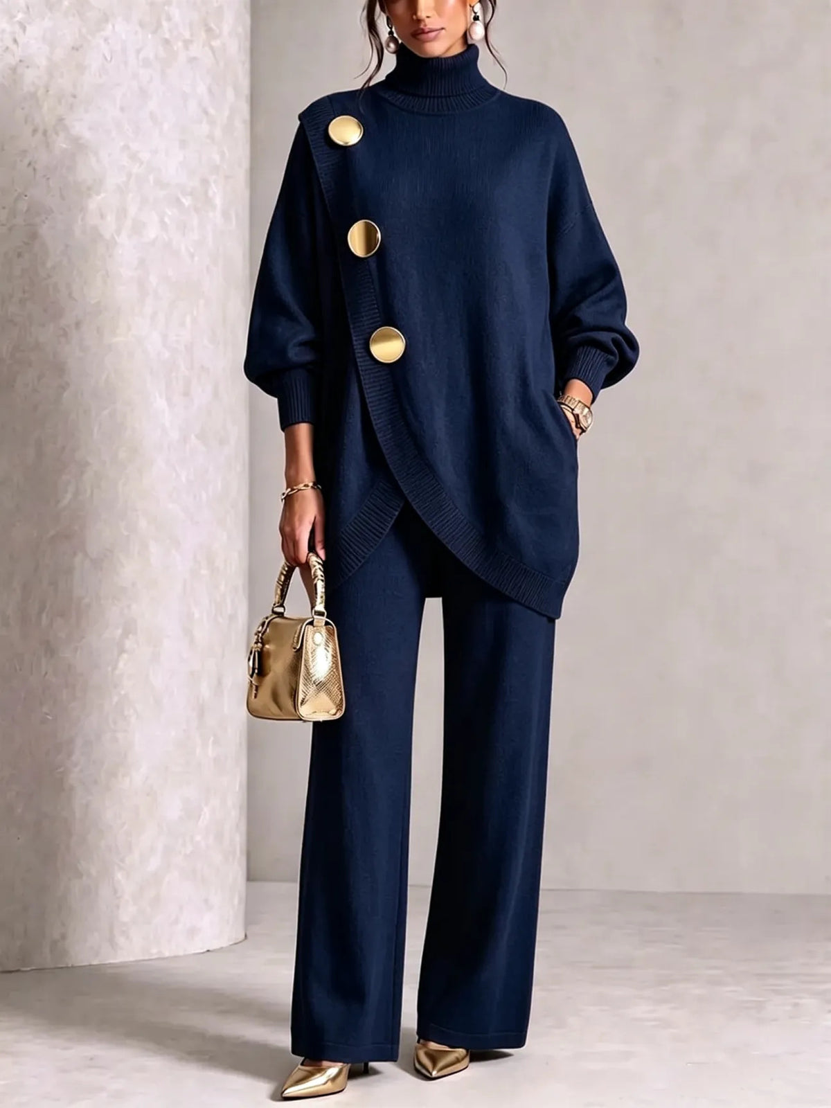 Women's Elegant Turtleneck Sweater & Wide-Leg Pants Set