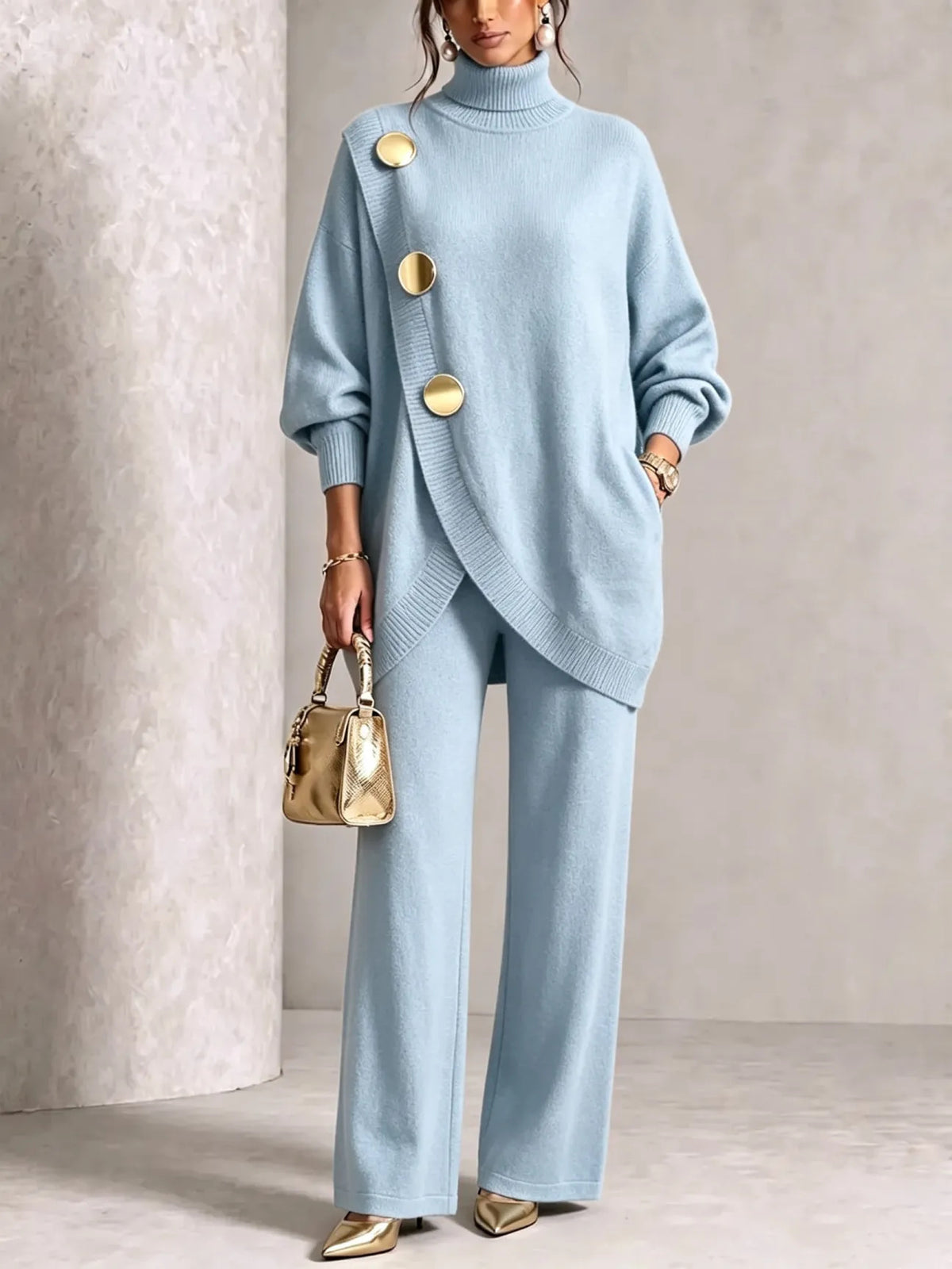 Women's Elegant Turtleneck Sweater & Wide-Leg Pants Set