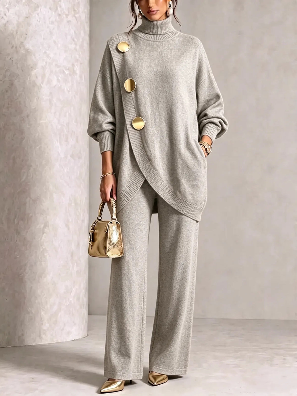 Women's Elegant Turtleneck Sweater & Wide-Leg Pants Set